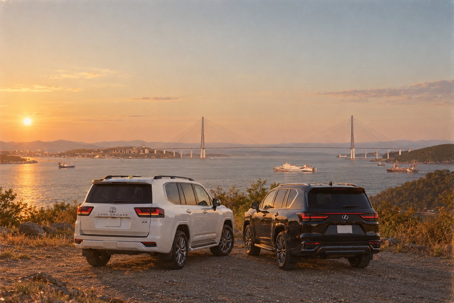 Toyota Land Cruiser и Lexus LX на фоне Русского моста